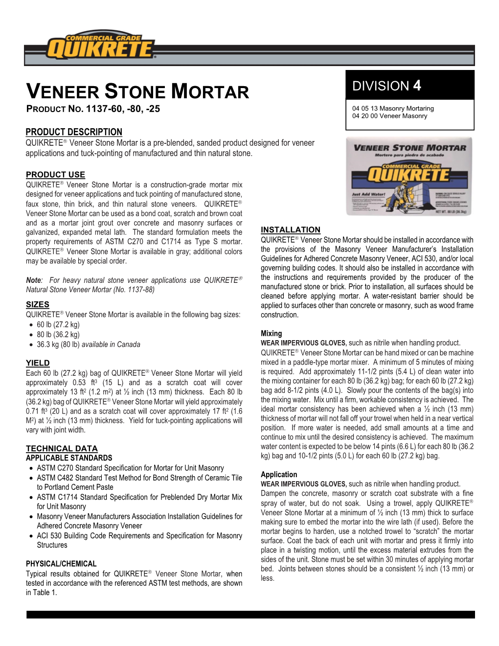 Veneer Stone Mortar Division 4 Product No