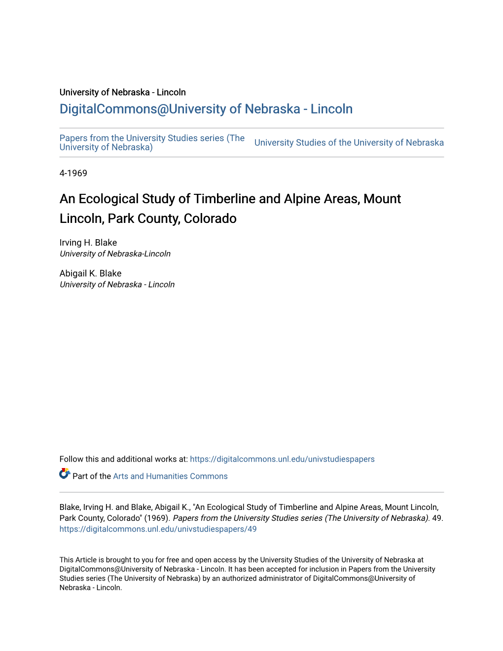 An Ecological Study of Timberline and Alpine Areas, Mount Lincoln, Park County, Colorado