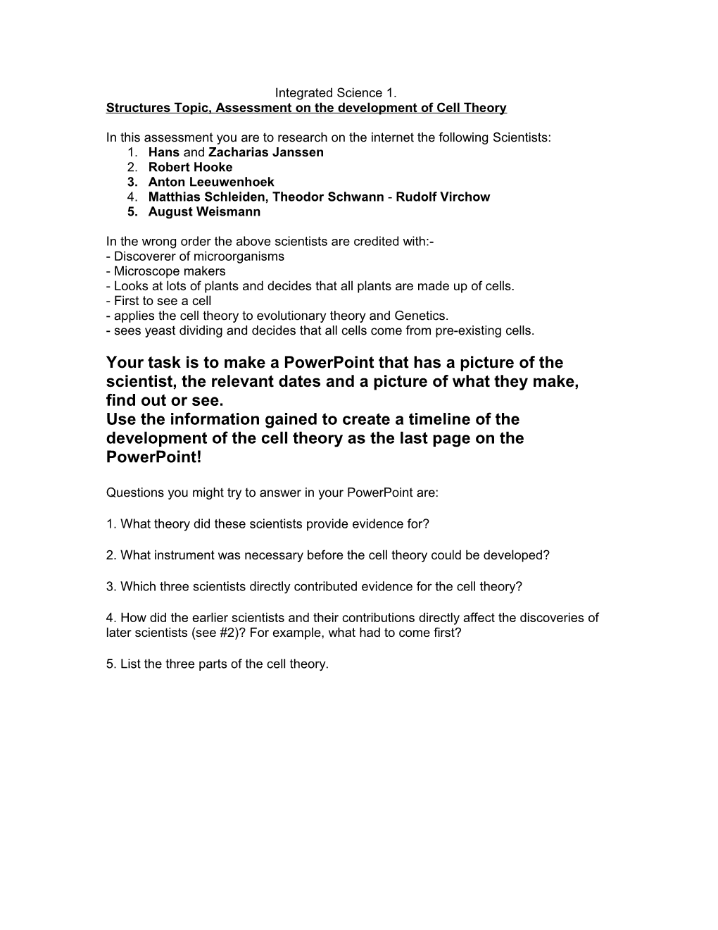 Structures Topic, Assessment on the Development of Cell Theory