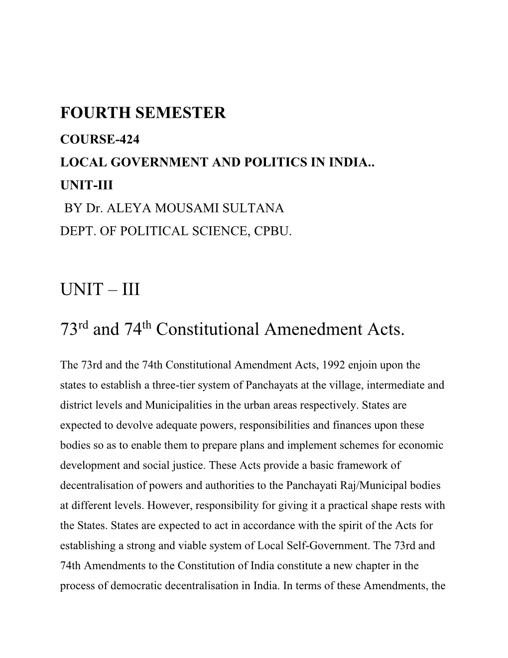 UNIT – III 73Rd and 74Th Constitutional Amenedment Acts