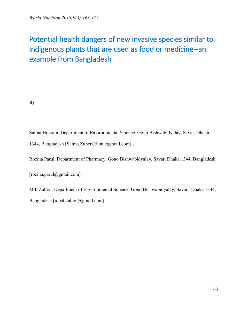 Potential Health Dangers of New Invasive Species Similar to Indigenous Plants That Are Used As Food Or Medicine--An Example from Bangladesh