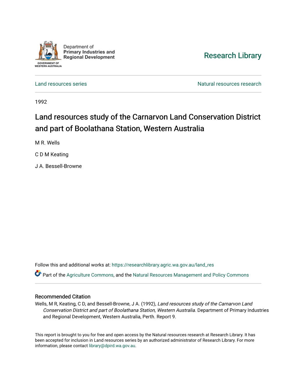 Land Resources Study of the Carnarvon Land Conservation District and Part of Boolathana Station, Western Australia