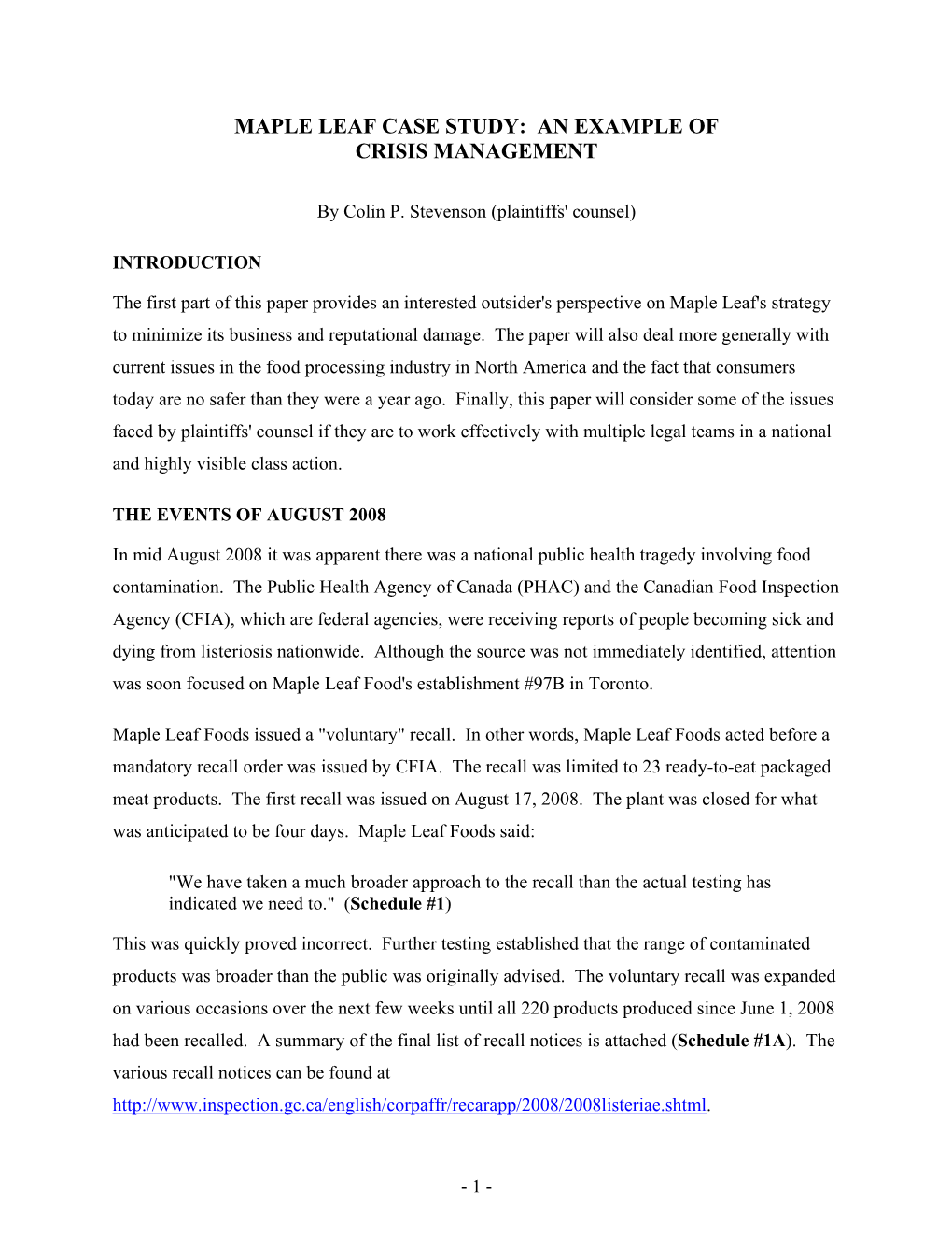 Maple Leaf Case Study: an Example of Crisis Management