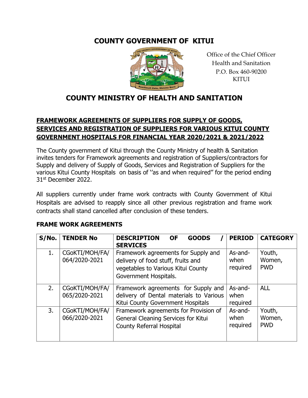 Office of the Chief Officer Health and Sanitation P.O