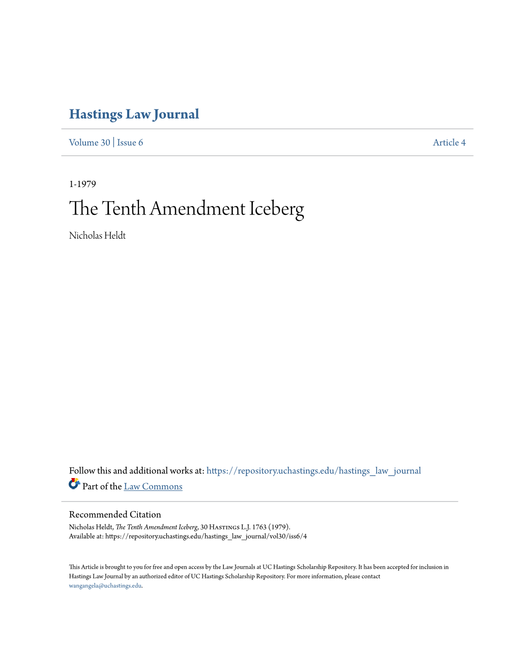 The Tenth Amendment Iceberg, 30 Hastings L.J
