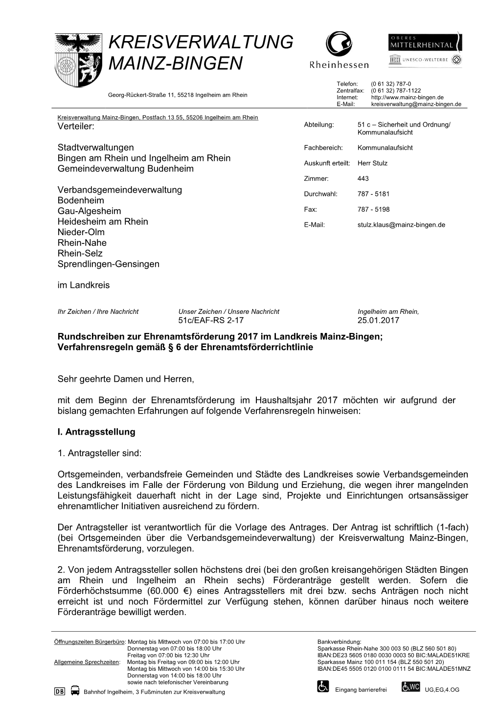 Kreisverwaltung Mainz-Bingen, Postfach 13 55, 55206 Ingelheim Am Rhein Verteiler: Abteilung: 51 C – Sicherheit Und Ordnung/ Kommunalaufsicht