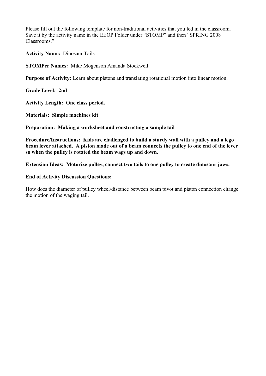 Please Fill out the Following Template for Non-Tradidional Activities That You Led in The