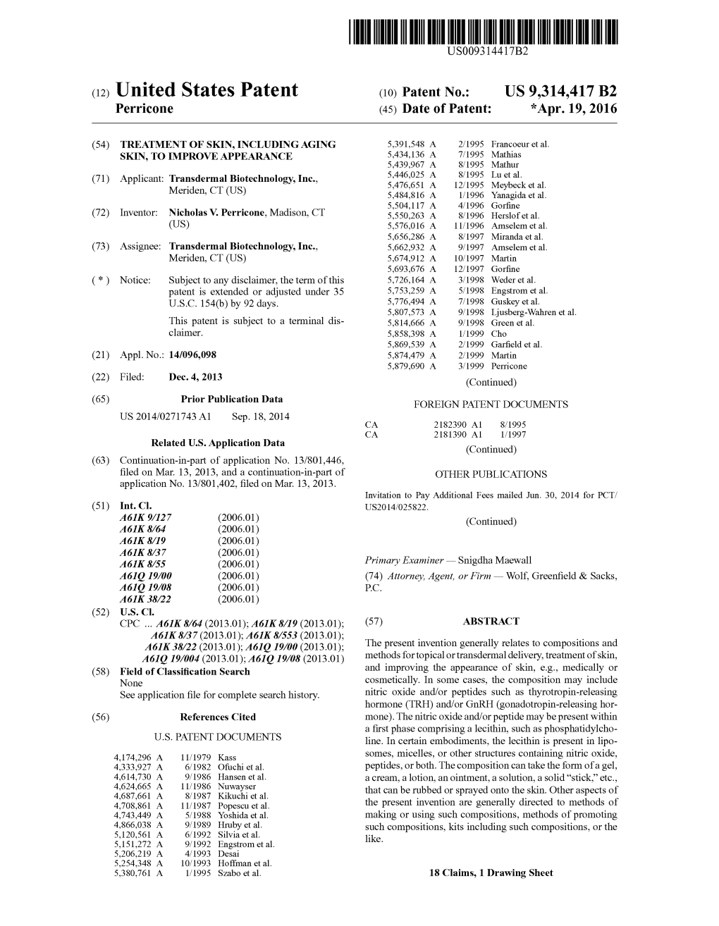 (12) United States Patent (10) Patent No.: US 9,314.417 B2 Perricone (45) Date of Patent: *Apr