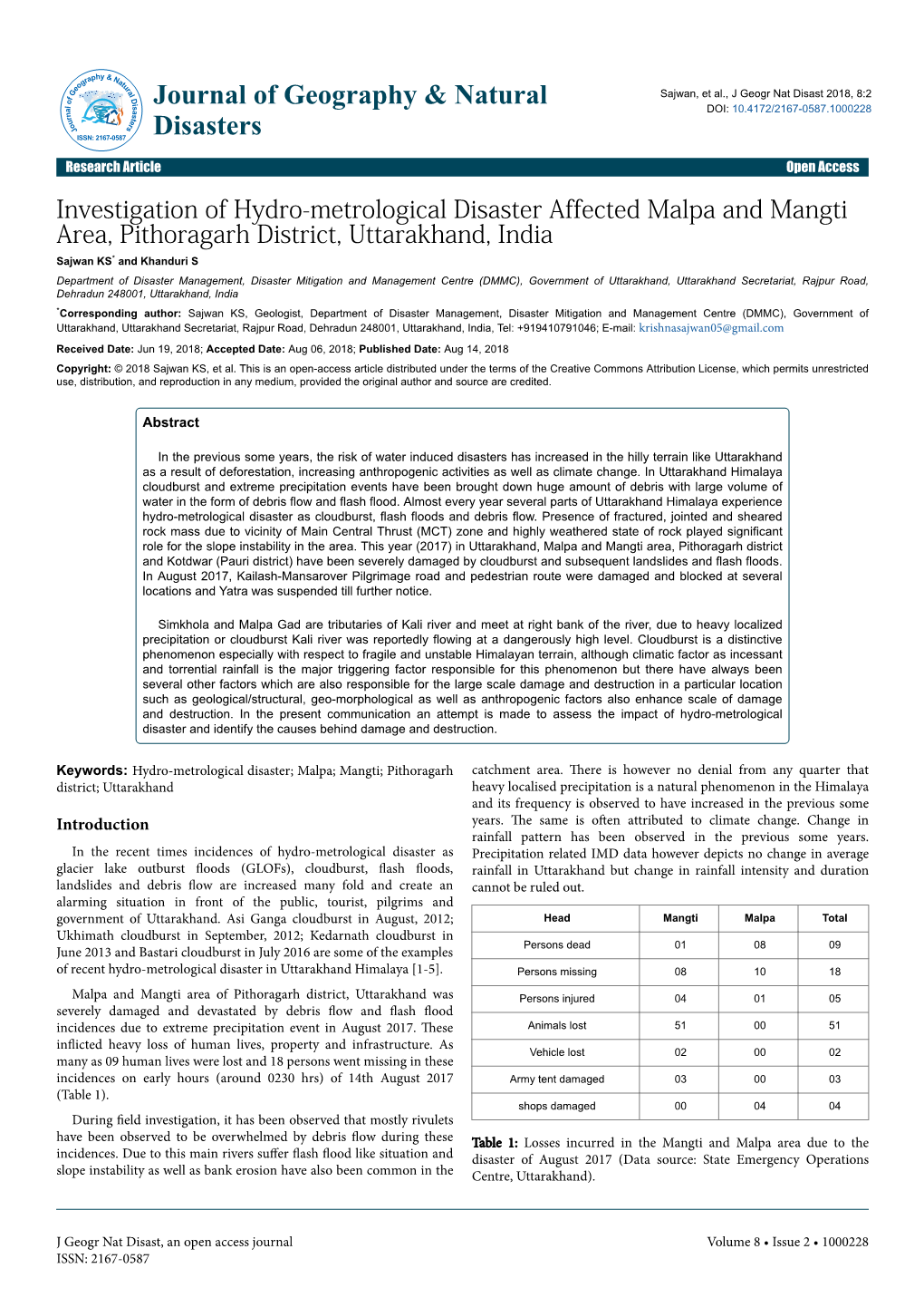 Investigation of Hydro-Metrological Disaster Affected Malpa and Mangti