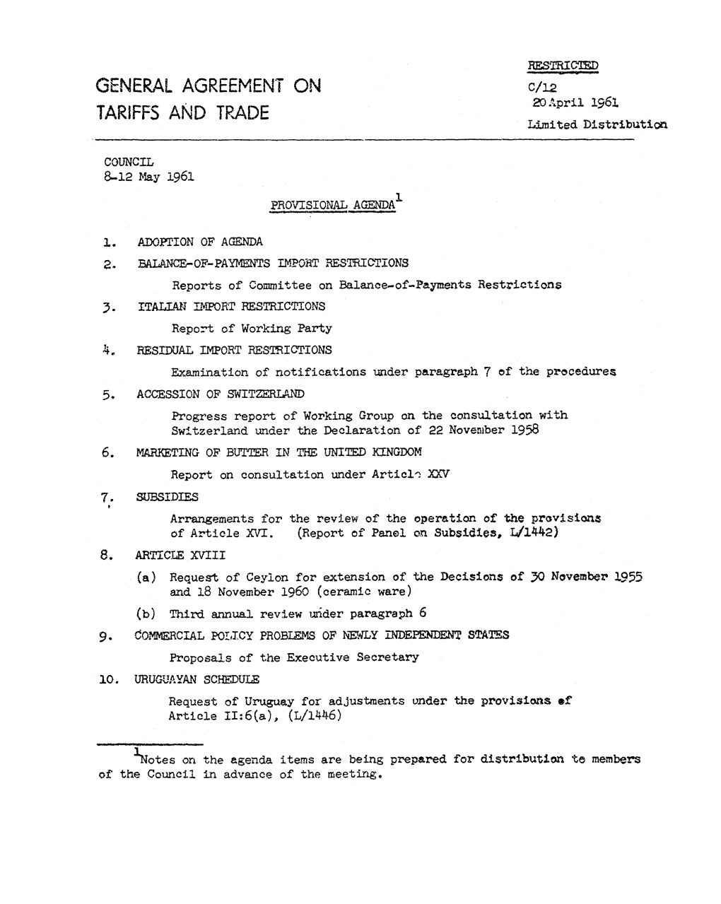 GENERAL AGREEMENT on C/12 20 April 1961