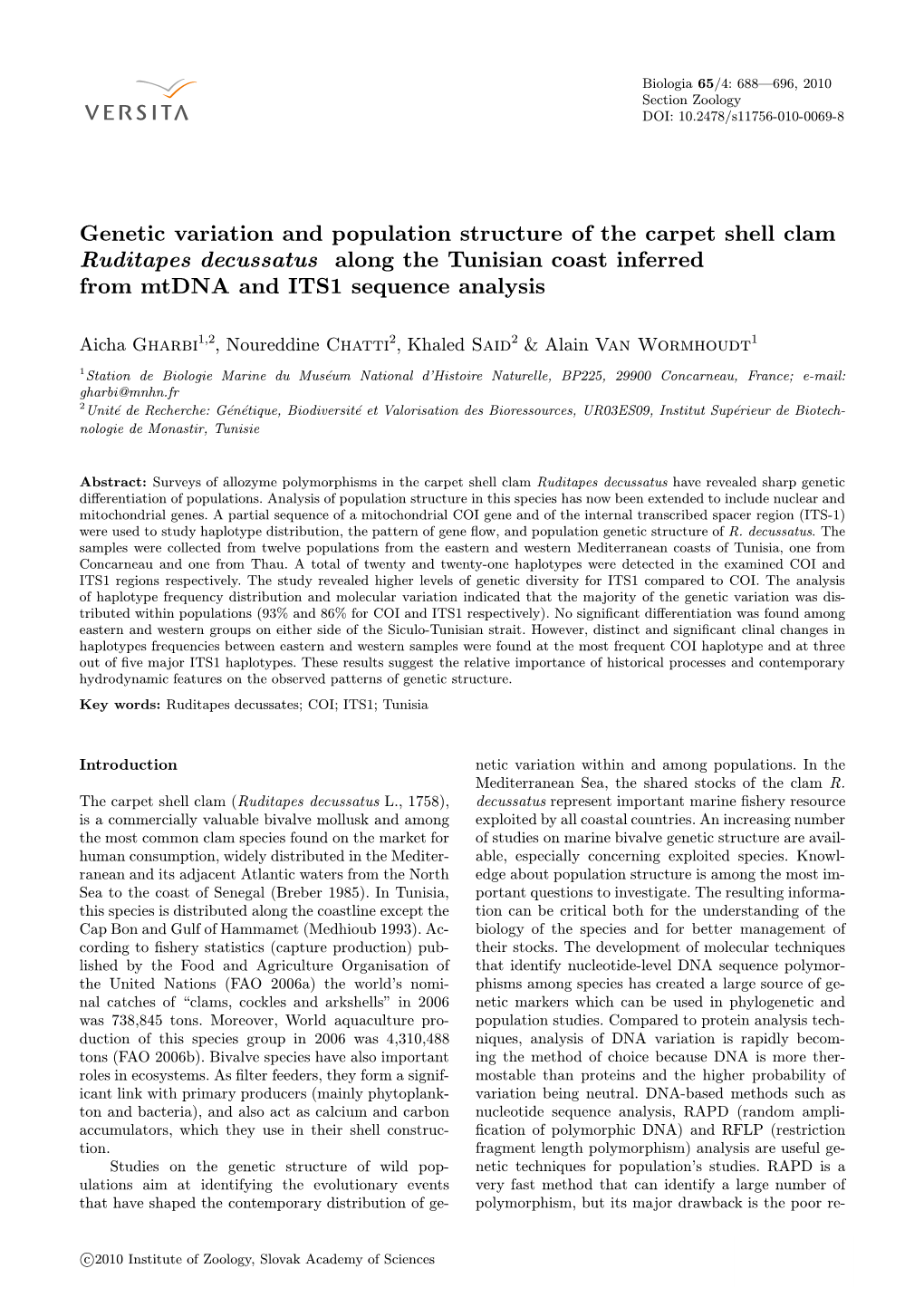 Genetic Variation and Population Structure of the Carpet Shell Clam Ruditapes Decussatus Along the Tunisian Coast Inferred from Mtdna and ITS1 Sequence Analysis