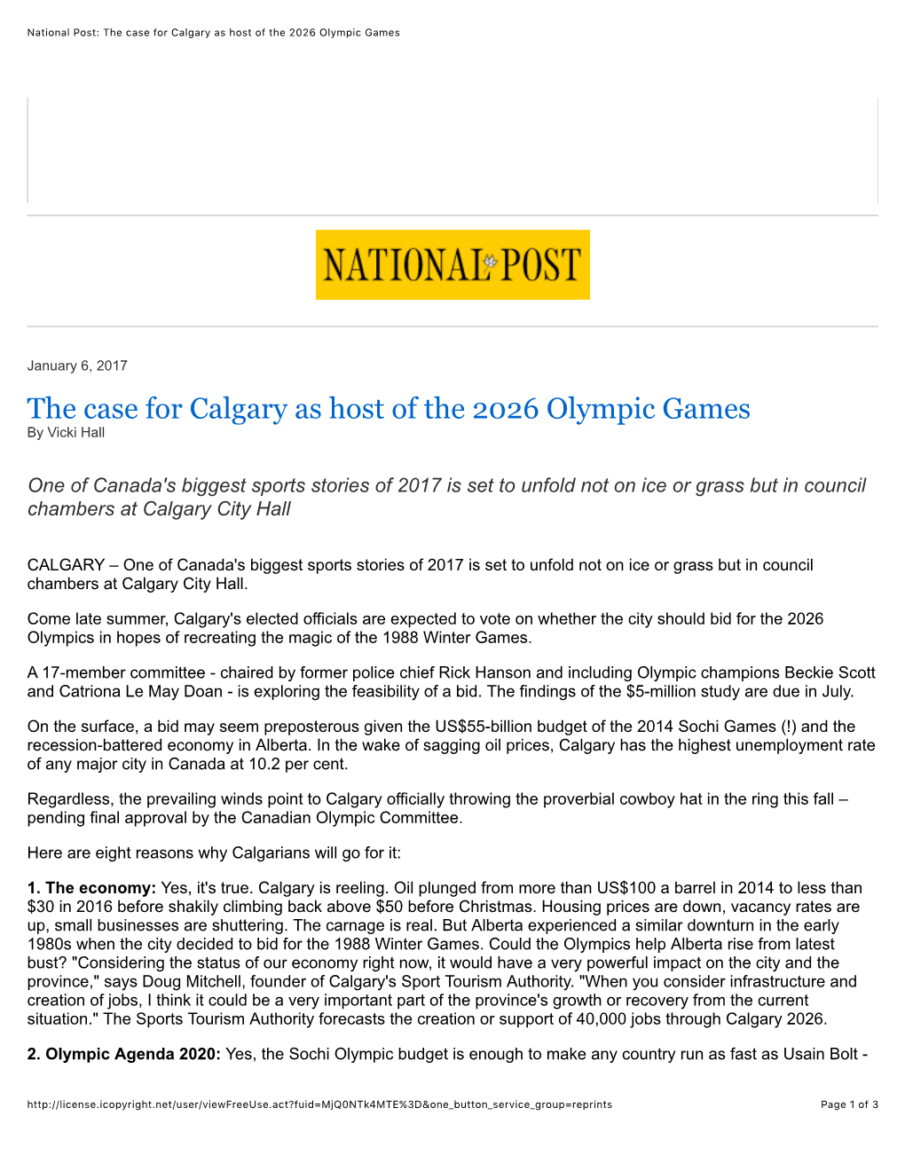 The Case for Calgary As Host of the 2026 Olympic Games