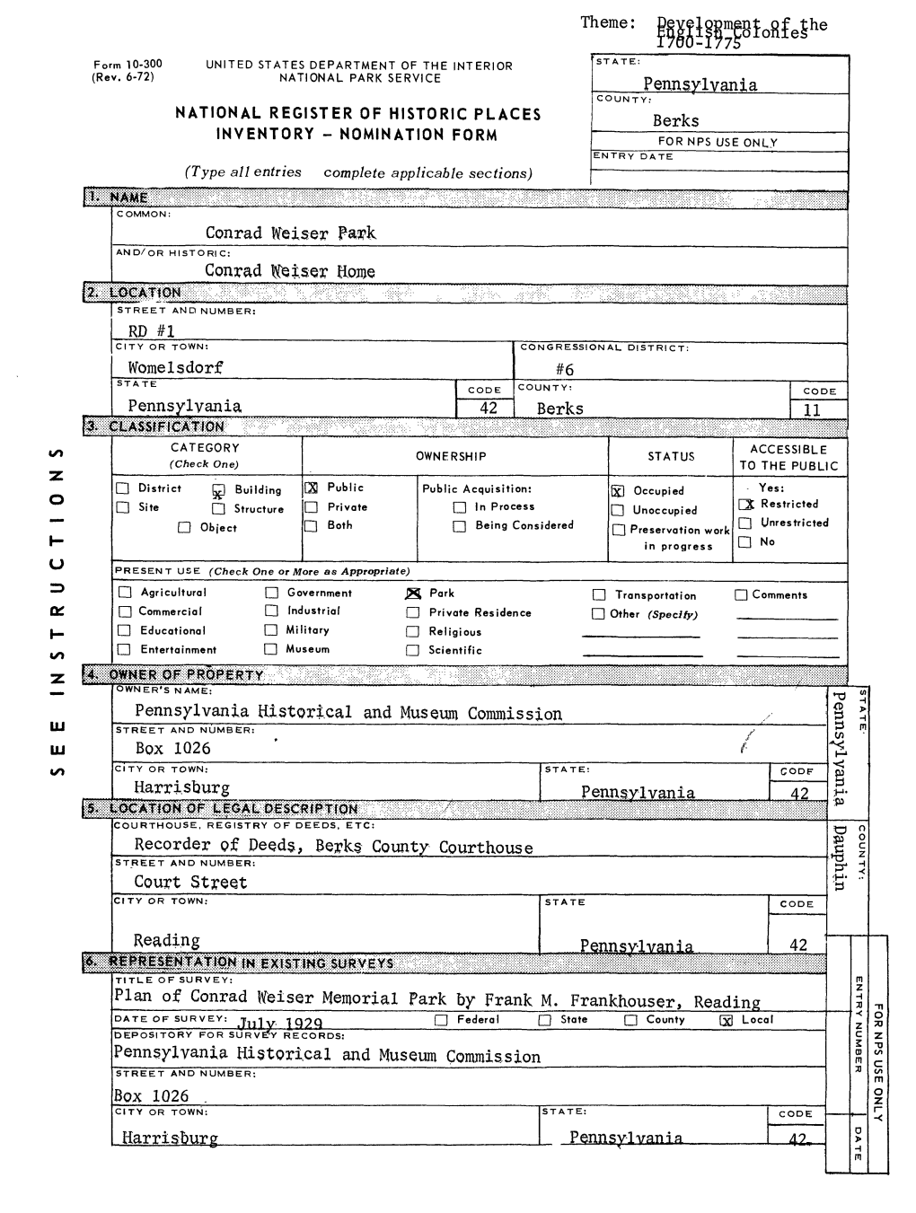 Dauphin COUNTY: STREET and NUMBER: Court Street CITY OR TOWN: STATE CODE