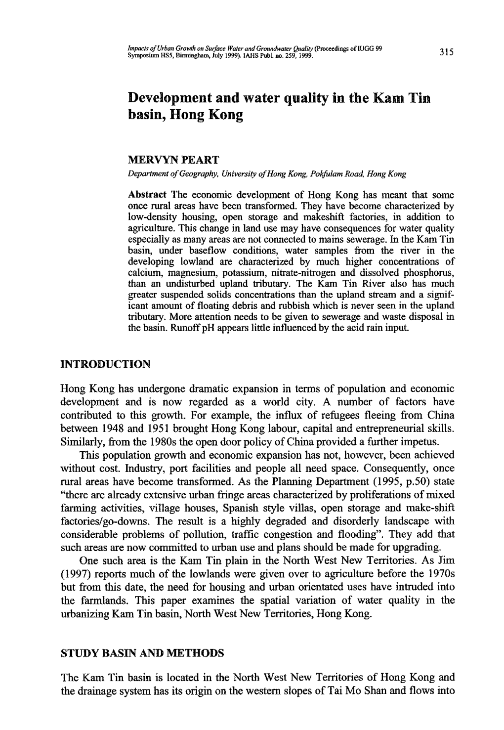 Development and Water Quality in the Kam Tin Basin, Hong Kong