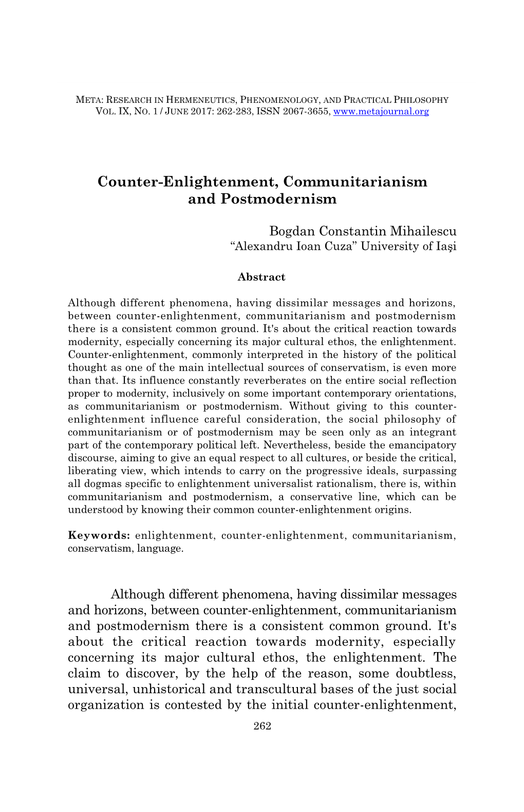 Counter-Enlightenment, Communitarianism and Postmodernism