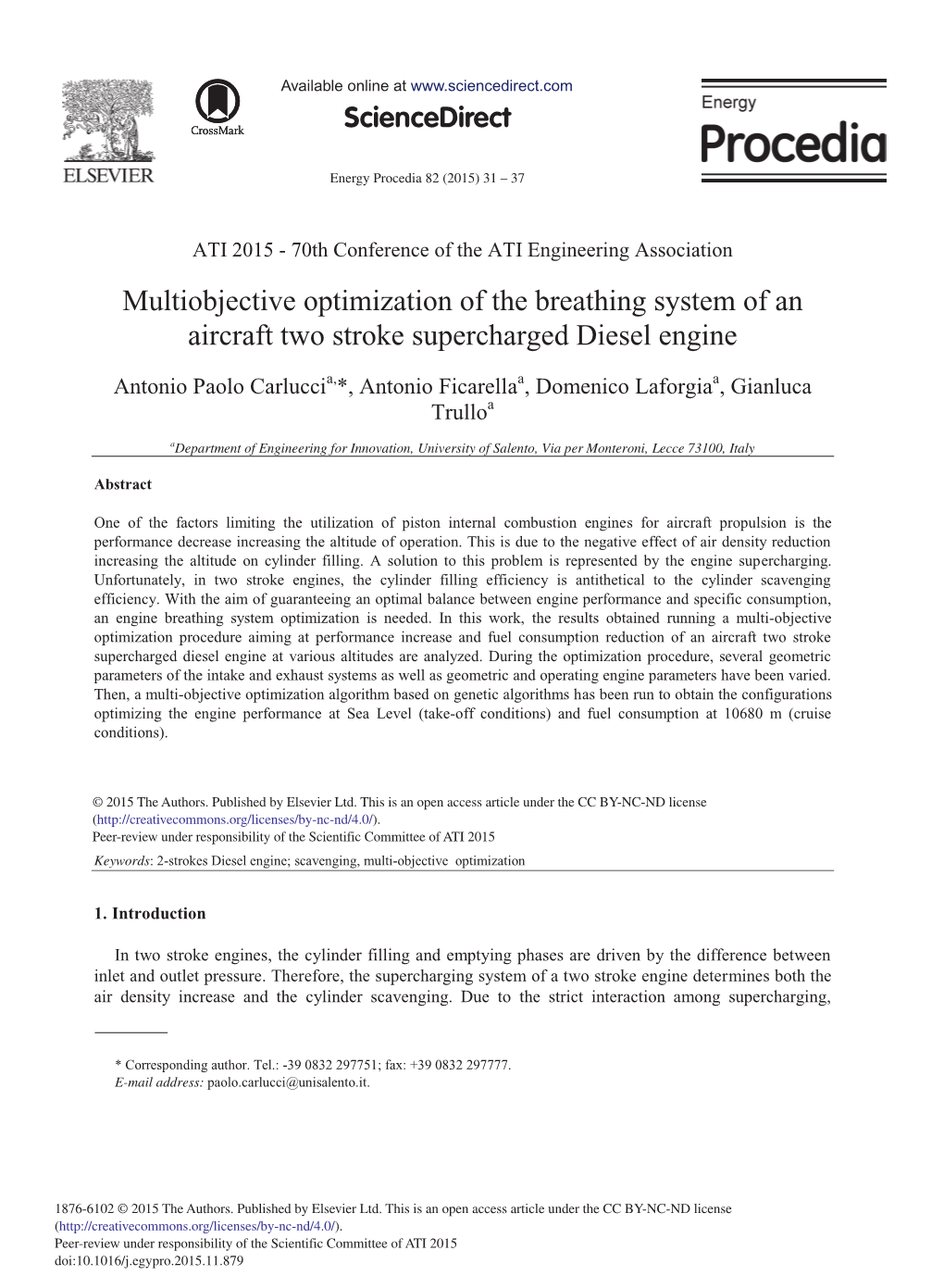 Multiobjective Optimization of the Breathing System of an Aircraft Two Stroke Supercharged Diesel Engine