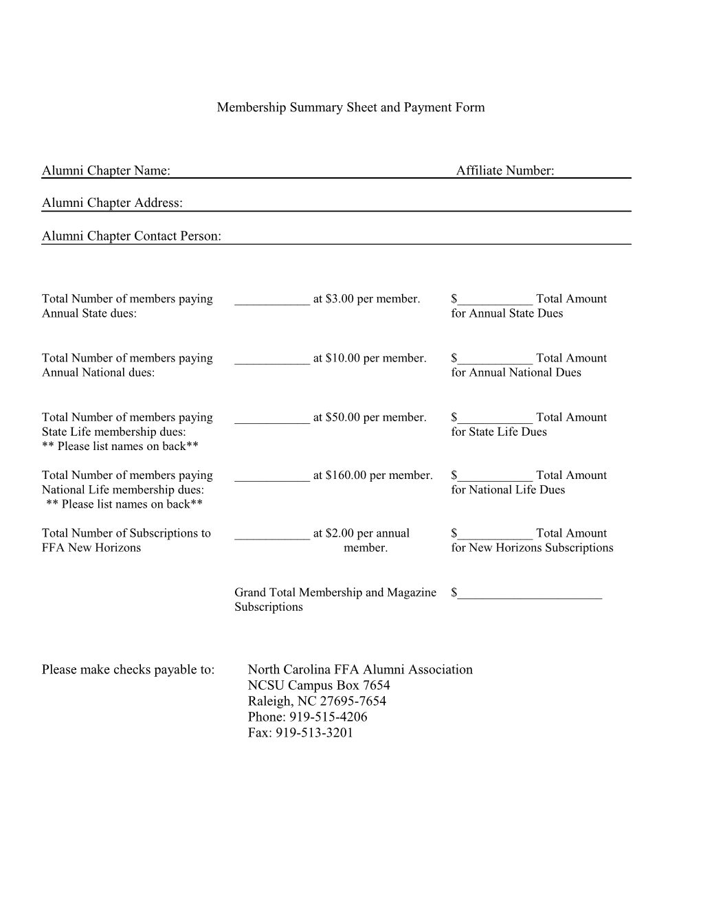 Membership Summary Sheet and Payment Form