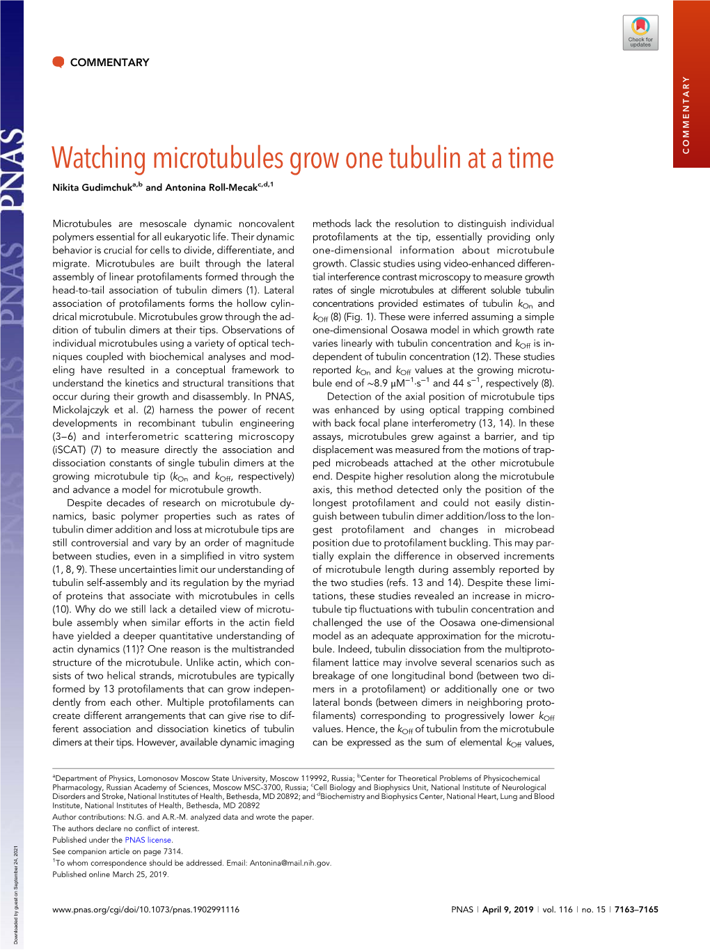 Watching Microtubules Grow One Tubulin at a Time COMMENTARY Nikita Gudimchuka,B and Antonina Roll-Mecakc,D,1