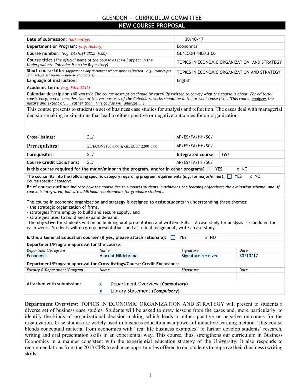 Glendon — Curriculum Committee New Course Proposal