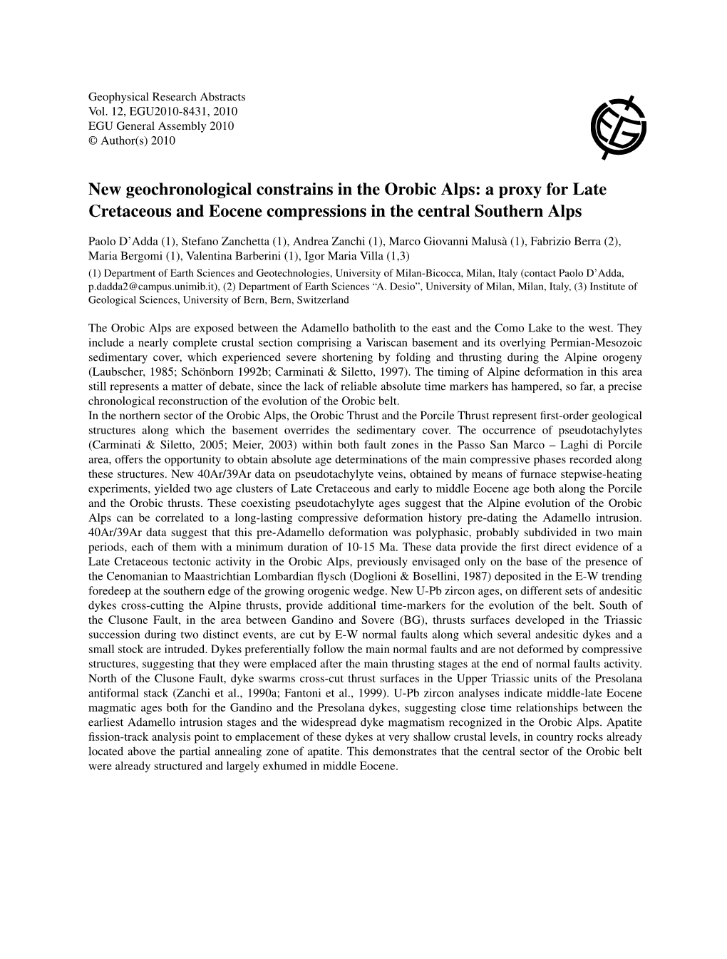 New Geochronological Constrains in the Orobic Alps: a Proxy for Late Cretaceous and Eocene Compressions in the Central Southern Alps