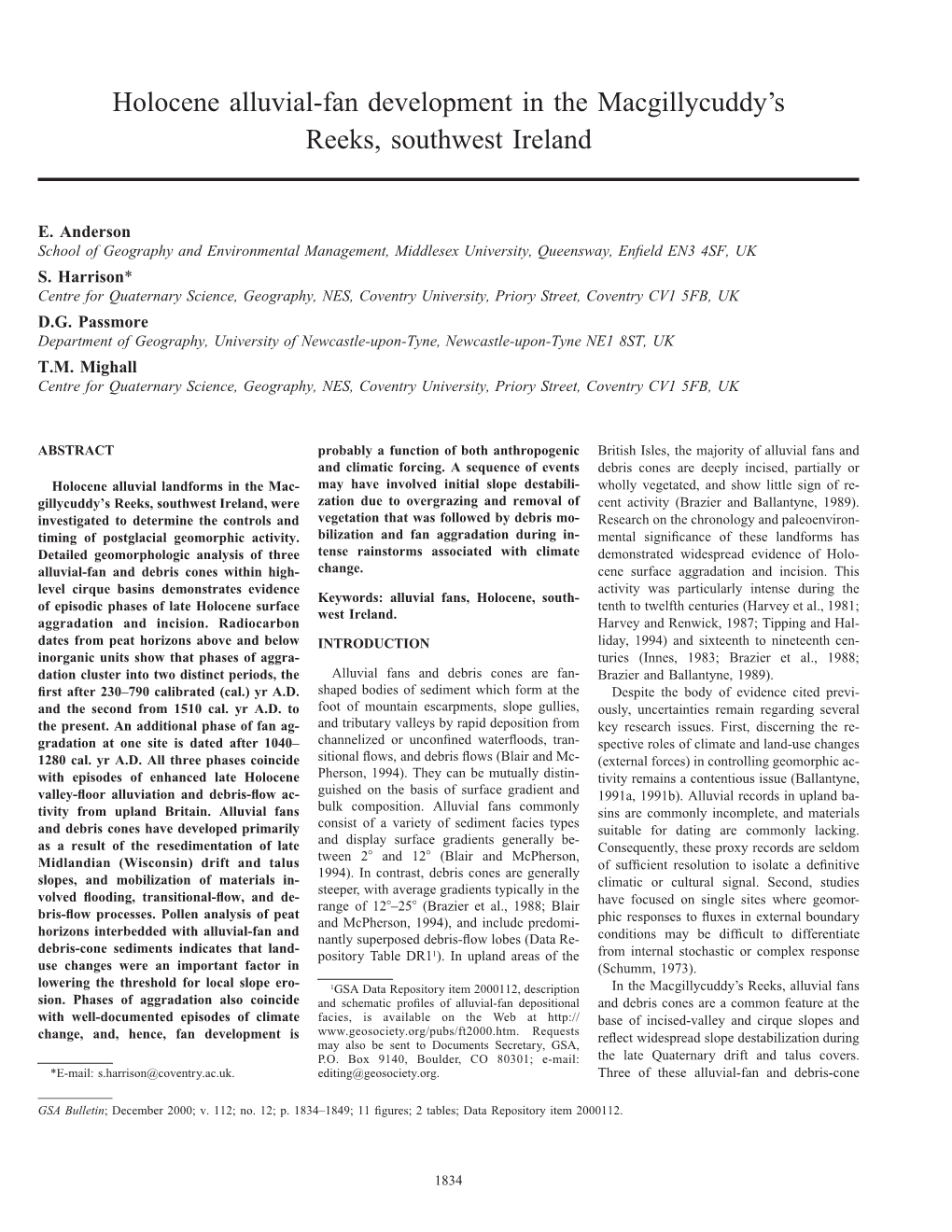 Holocene Alluvial-Fan Development in the Macgillycuddy's Reeks, Southwest Ireland