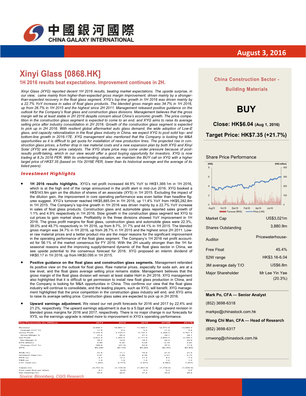 Xinyi Glass [0868.HK] China Construction Sector - 1H 2016 Results Beat Expectations