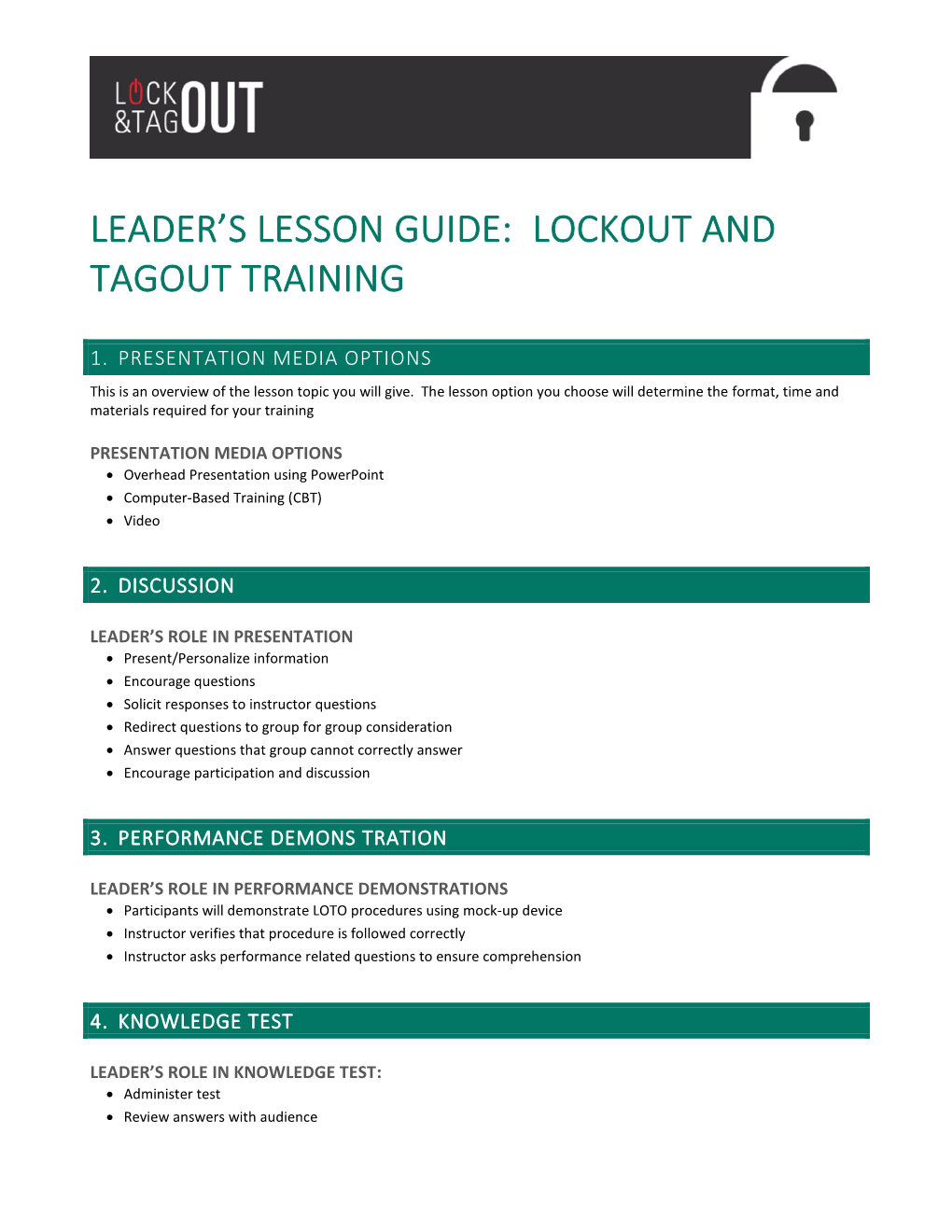 Leader's Lesson Guide: Lockout and Tagout Training