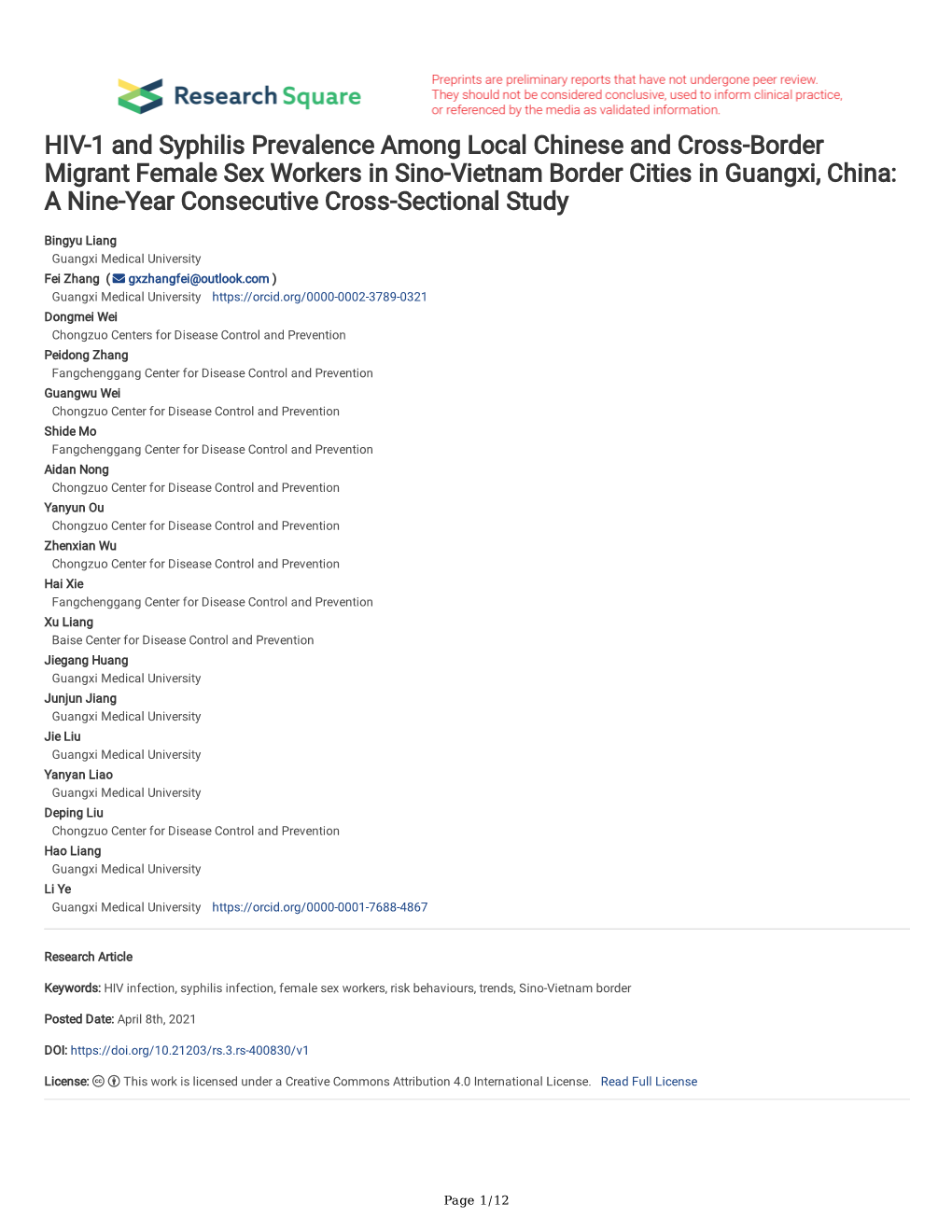 HIV-1 and Syphilis Prevalence Among Local Chinese and Cross-Border