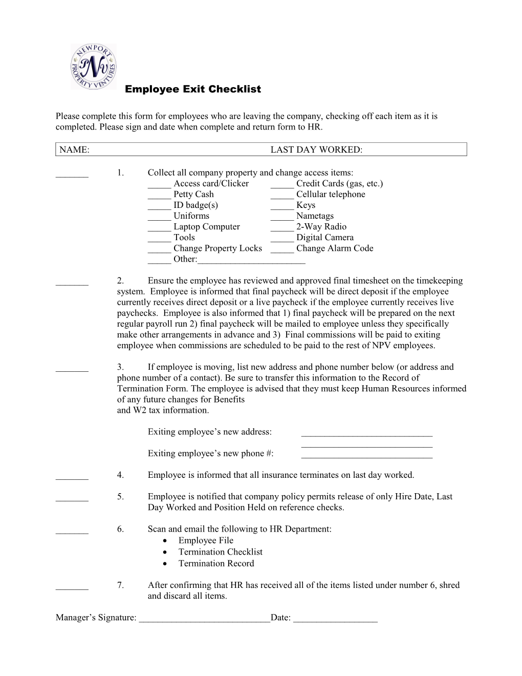 NEWPORT PROPERTY VENTURES * Employee Exit Checklist