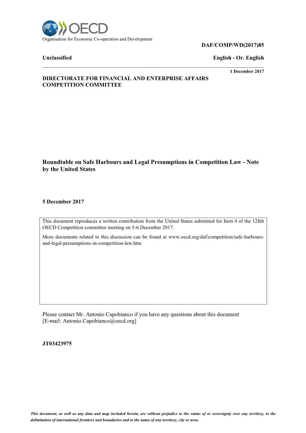 Safe Harbours and Legal Presumptions in Competition Law - Note by the United States