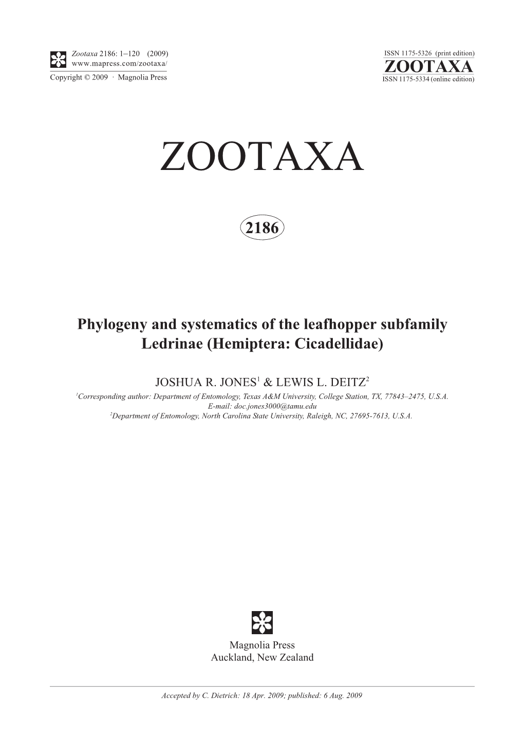 Zootaxa, Phylogeny and Systematics of the Leafhopper Subfamily