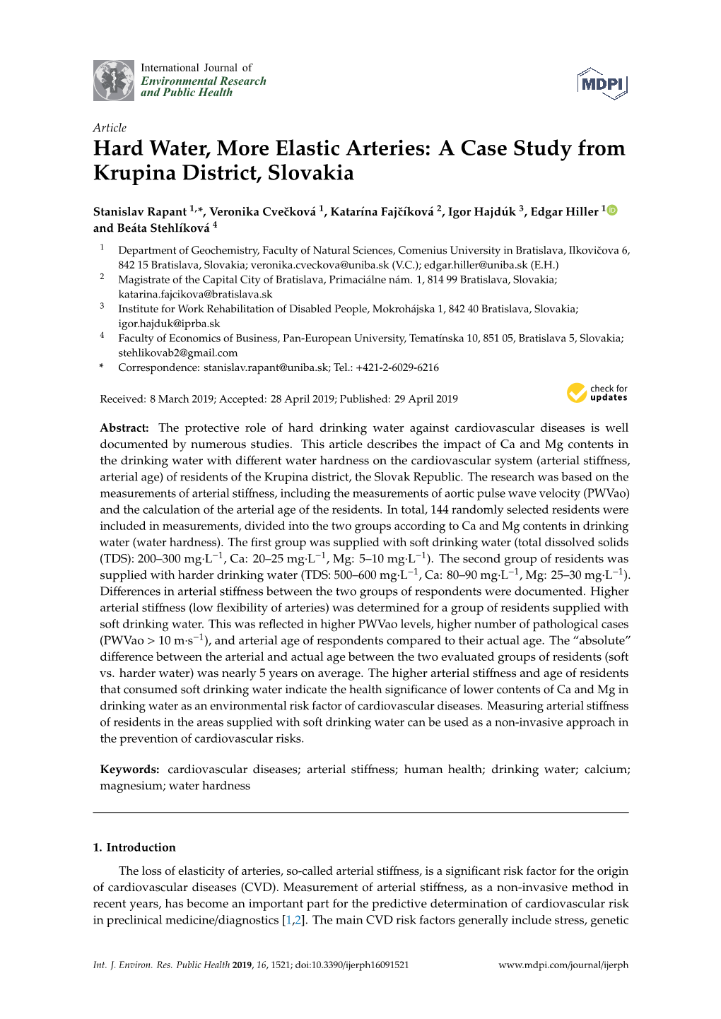 Hard Water, More Elastic Arteries: a Case Study from Krupina District, Slovakia