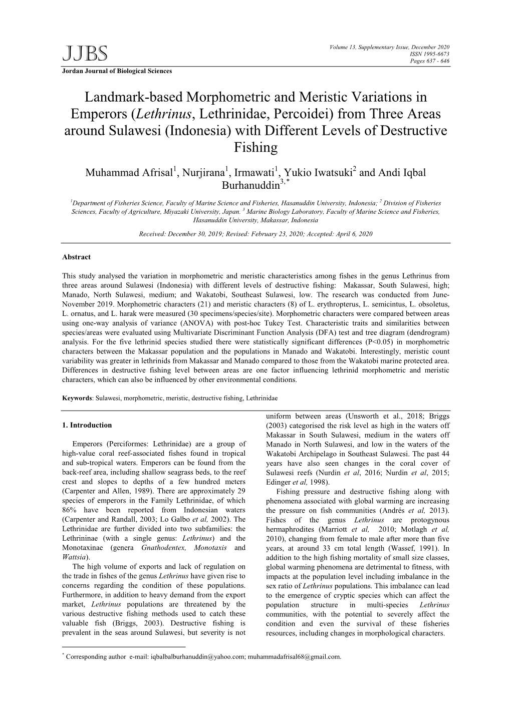 Lethrinus, Lethrinidae, Percoidei) from Three Areas Around Sulawesi (Indonesia) with Different Levels of Destructive Fishing