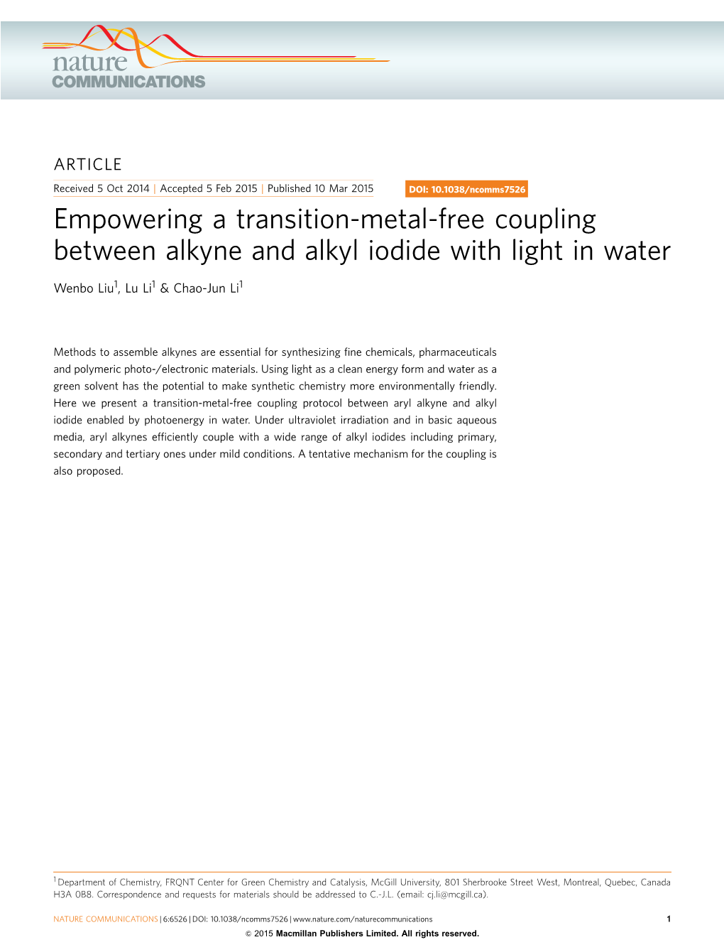 Empowering a Transition-Metal-Free Coupling Between Alkyne and Alkyl Iodide with Light in Water