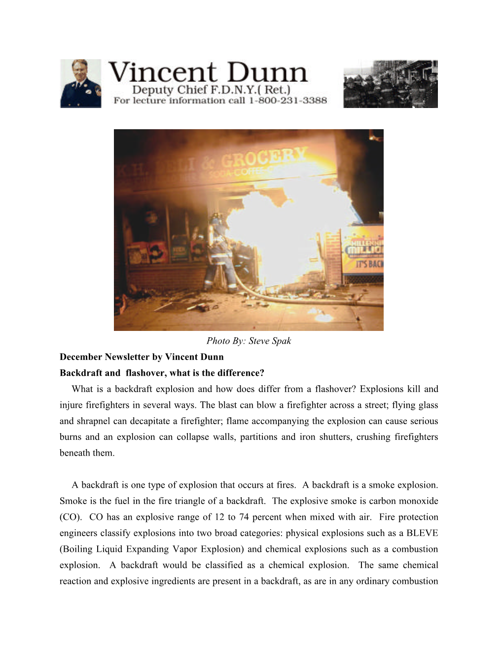 Steve Spak December Newsletter by Vincent Dunn Backdraft And