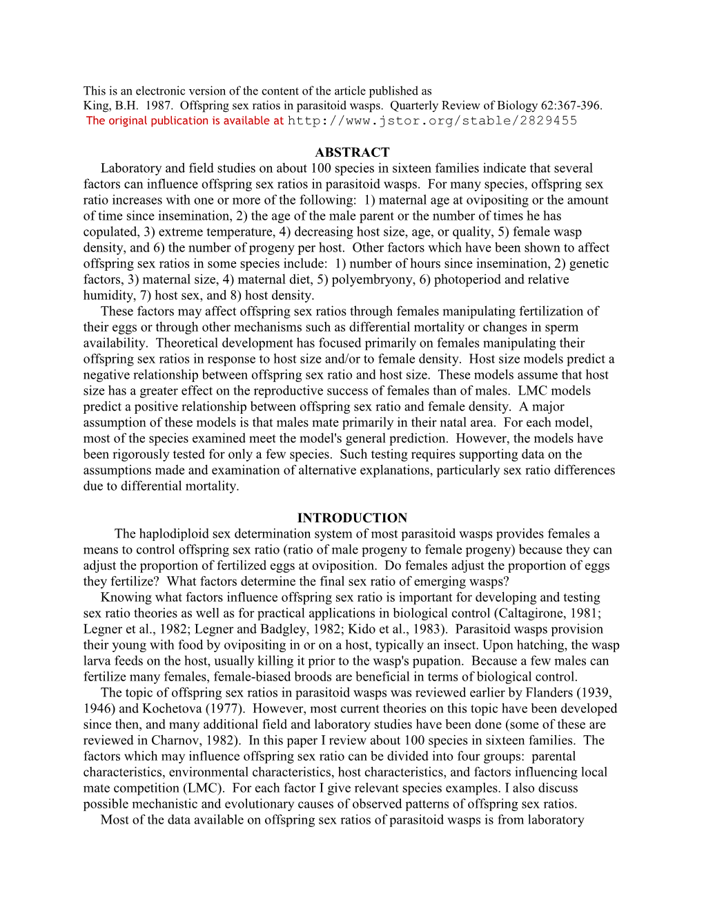 Offspring Sex Ratios in Parasitoid Wasps