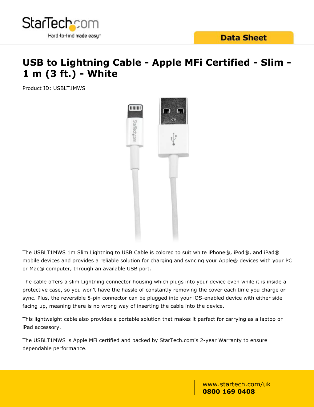 USB to Lightning Cable - Apple Mfi Certified - Slim - 1 M (3 Ft.) - White