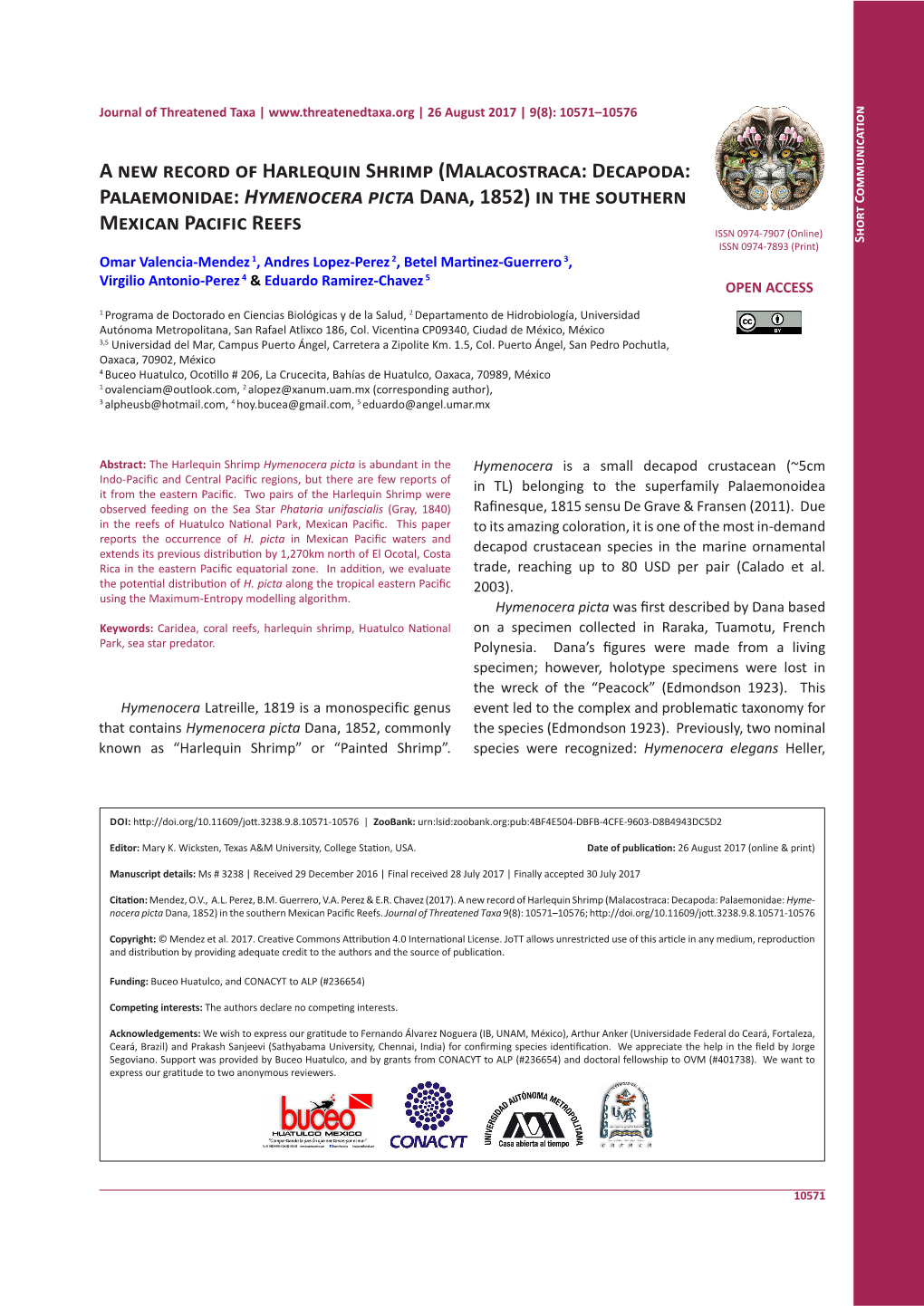 A New Record of Harlequin Shrimp (Malacostraca: Decapoda: Palaemonidae: Hymenocera Picta Dana, 1852) in the Southern