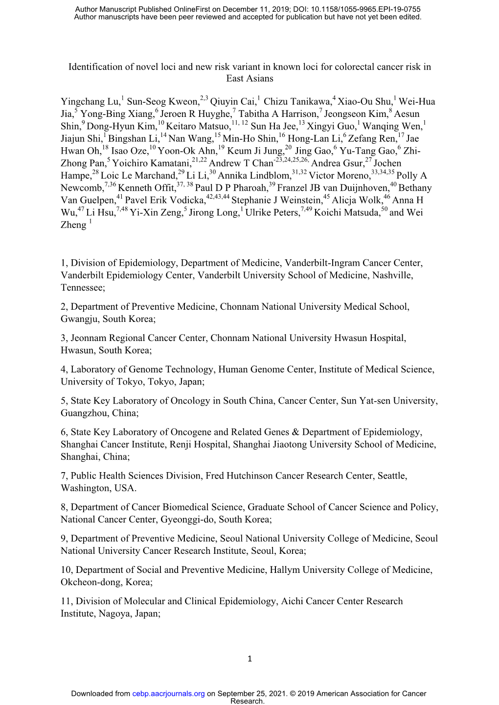 Identification of Novel Loci and New Risk Variant in Known Loci for Colorectal Cancer Risk in East Asians