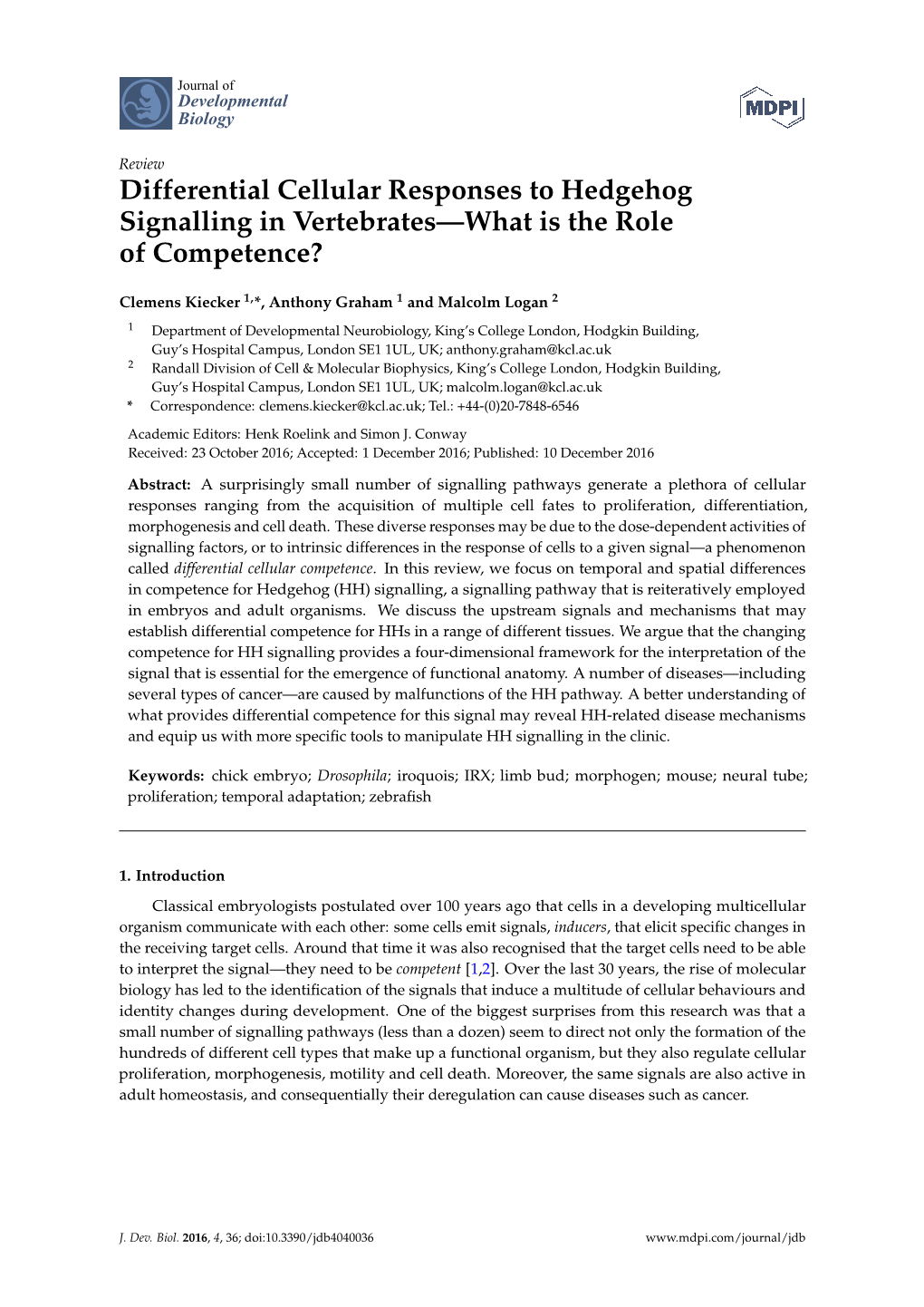 Differential Cellular Responses to Hedgehog Signalling in Vertebrates—What Is the Role of Competence?