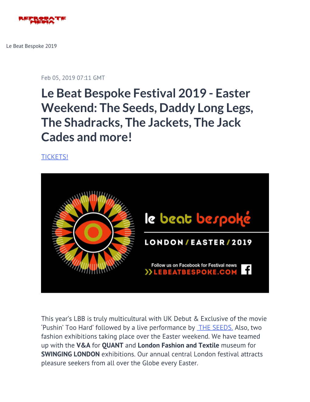 Le Beat Bespoke Festival 2019 - Easter Weekend: the Seeds, Daddy Long Legs, the Shadracks, the Jackets, the Jack Cades and More!