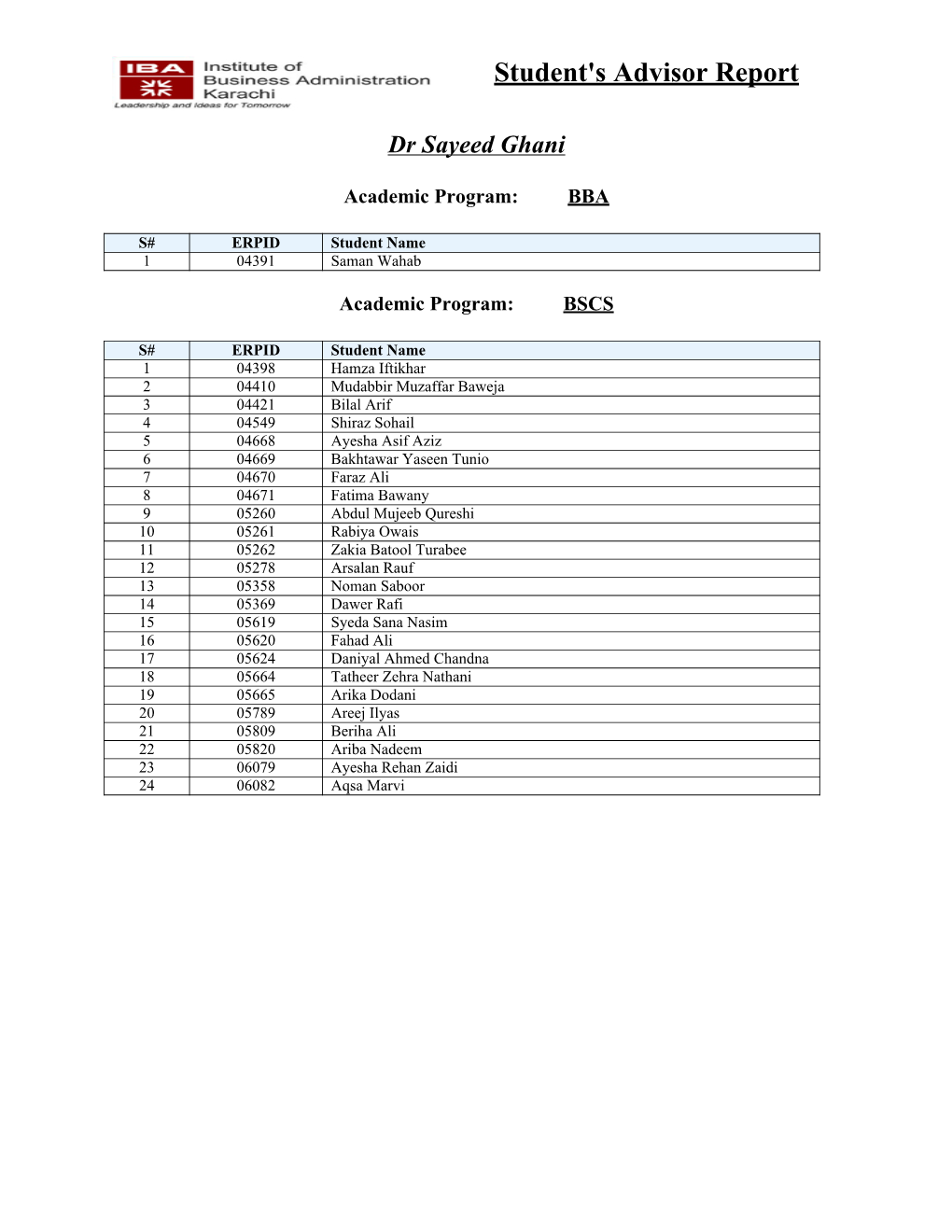 Student's Advisor Report