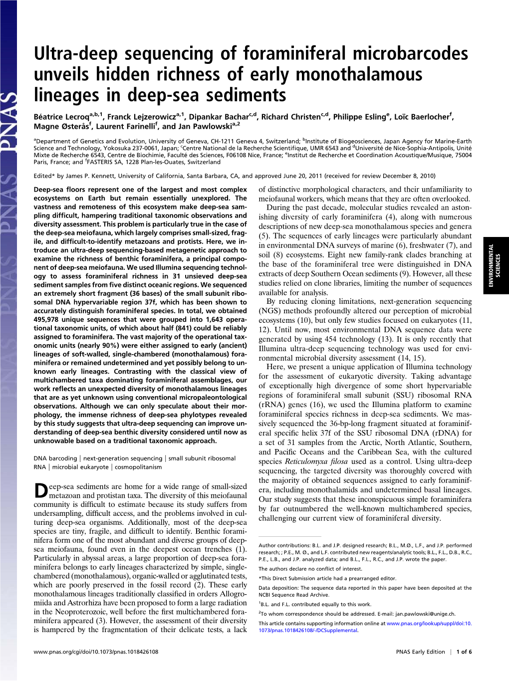 Ultra-Deep Sequencing of Foraminiferal Microbarcodes Unveils Hidden Richness of Early Monothalamous Lineages in Deep-Sea Sediments