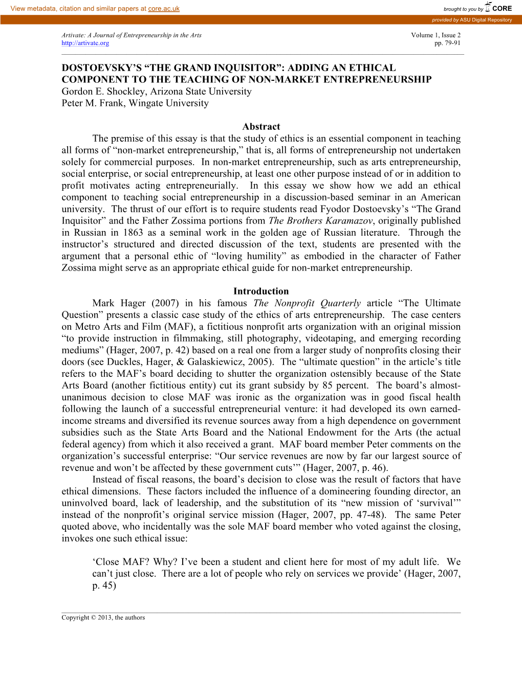 THE GRAND INQUISITOR”: ADDING an ETHICAL COMPONENT to the TEACHING of NON-MARKET ENTREPRENEURSHIP Gordon E