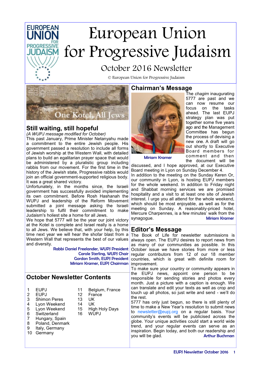 European Union for Progressive Judaism October 2016 Newsletter