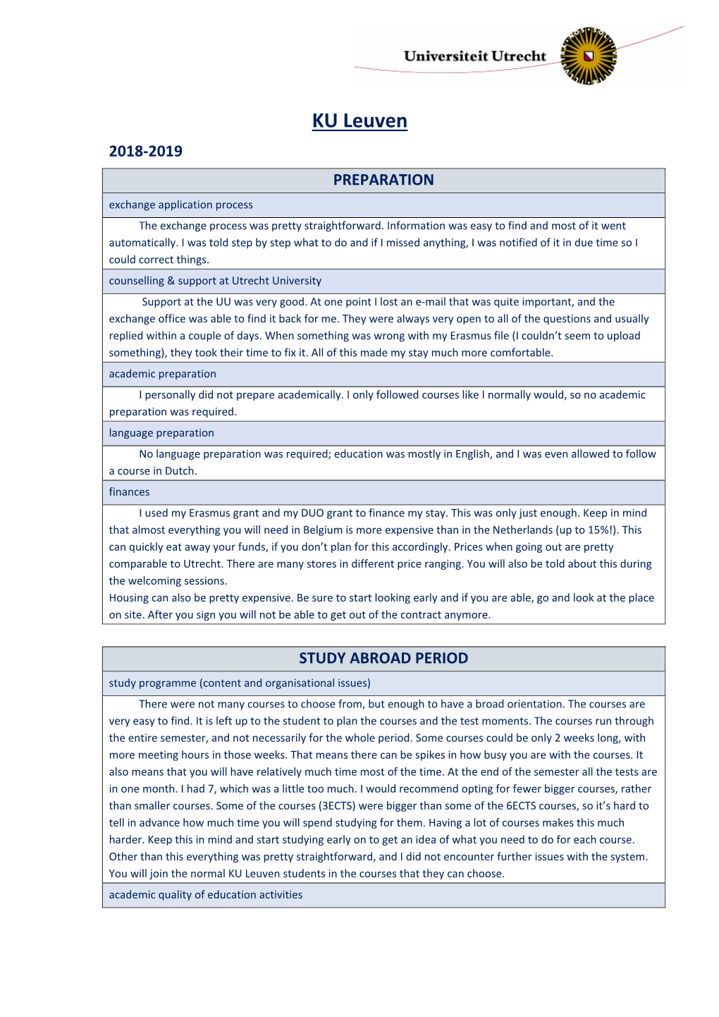 KU Leuven 2018-2019 PREPARATION Exchange Application Process the Exchange Process Was Pretty Straightforward