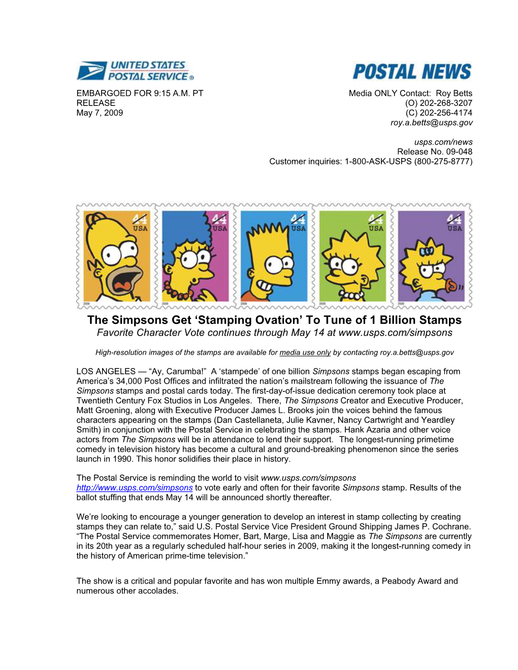 The Simpsons Get ‘Stamping Ovation’ to Tune of 1 Billion Stamps Favorite Character Vote Continues Through May 14 At