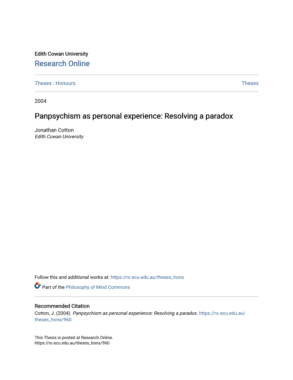 Panpsychism As Personal Experience: Resolving a Paradox