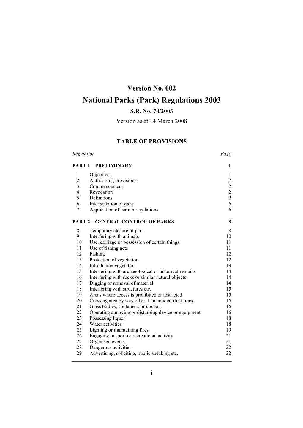 National Parks (Park) Regulations 2003 S.R