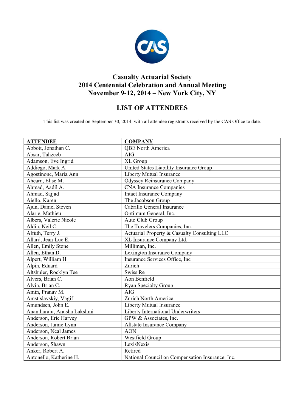 Casualty Actuarial Society 2014 Centennial Celebration and Annual Meeting November 9-12, 2014 – New York City, NY